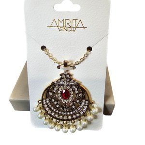 AMRITA SINGH GOLD PLATED RED RESIN FAUX PEARL PENDANT NECKLACE NWT